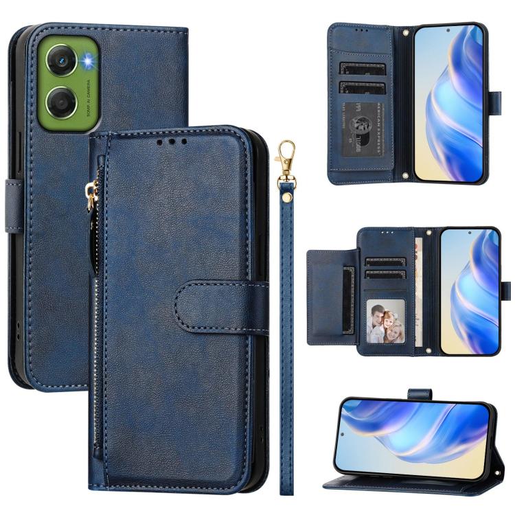 Blue leather zipper wallet phone case with card slots and stand