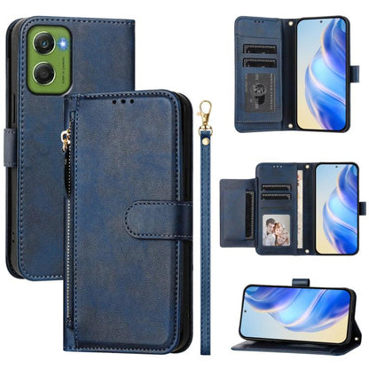 Blue leather zipper wallet phone case with card slots and stand