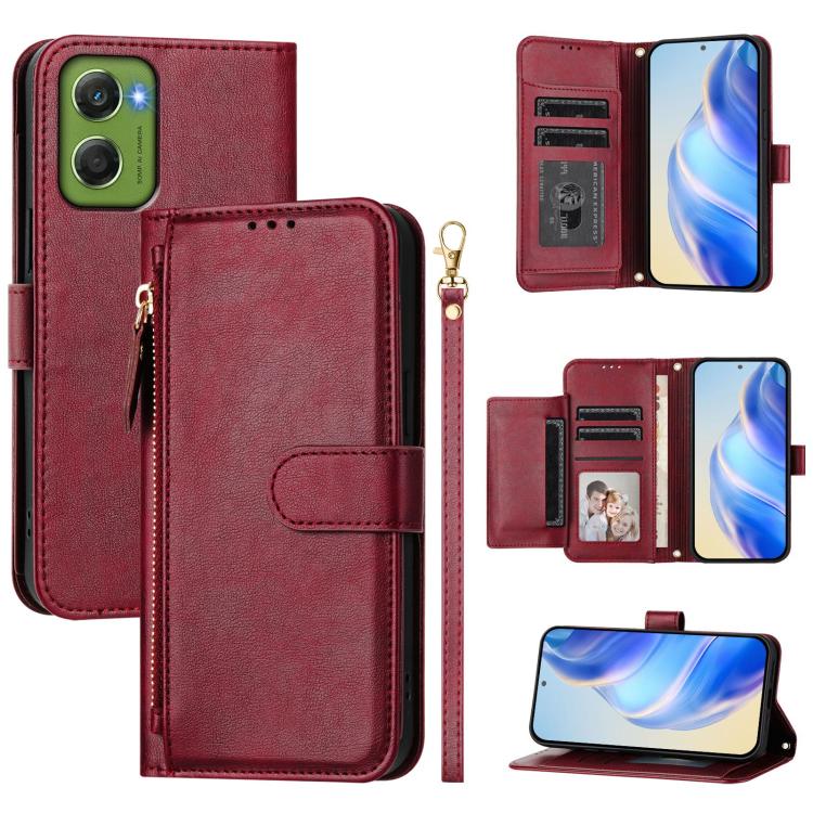 Leather zippered wallet phone case with multi-card slots, dark red fold-over cover.