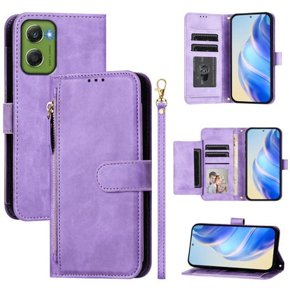 Leather zippered wallet phone case with multi-card slots, purple fold-over cover.