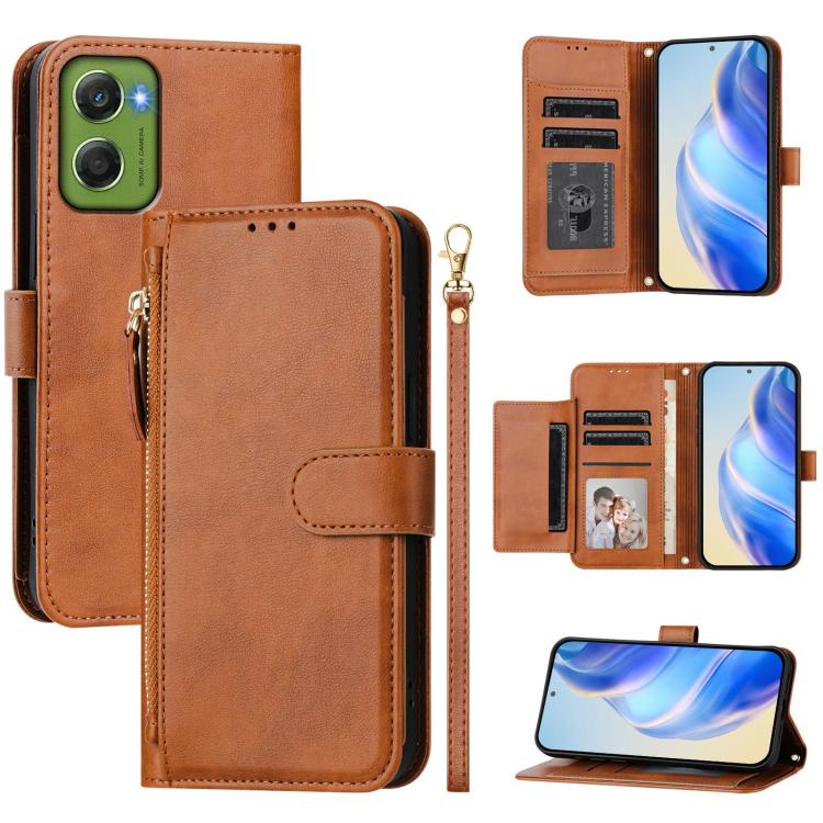 Leather zippered wallet phone case with multi-card slots, brown fold-over cover.