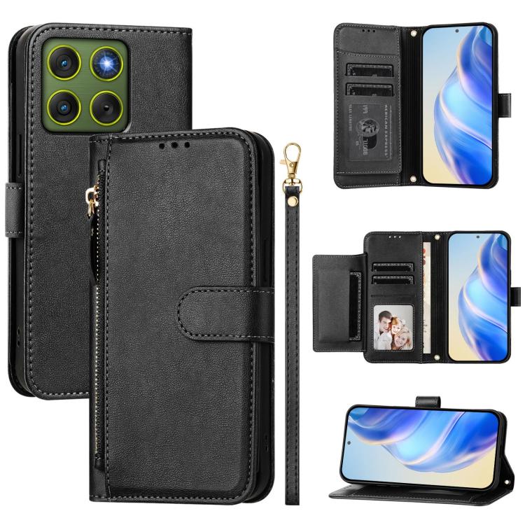 Black leather zipper wallet phone case with card slots and folio stand