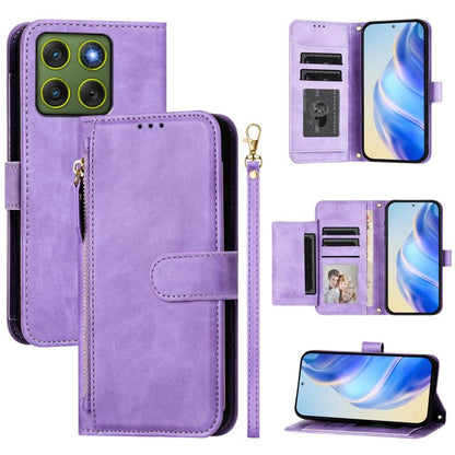 Lavender leather zipper wallet phone case with card slots, zipper pull visible