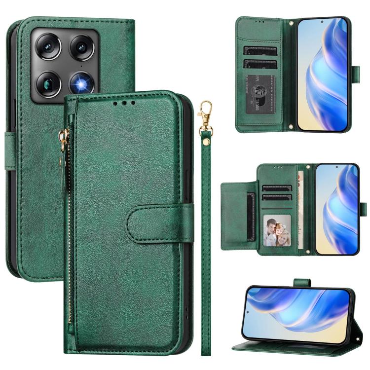 Leather phone wallet case with zipper and multi-card slots, green—closed cover with strap.