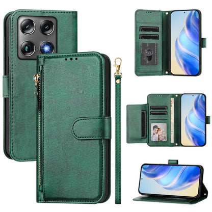 Leather phone wallet case with zipper and multi-card slots, green—closed cover with strap.