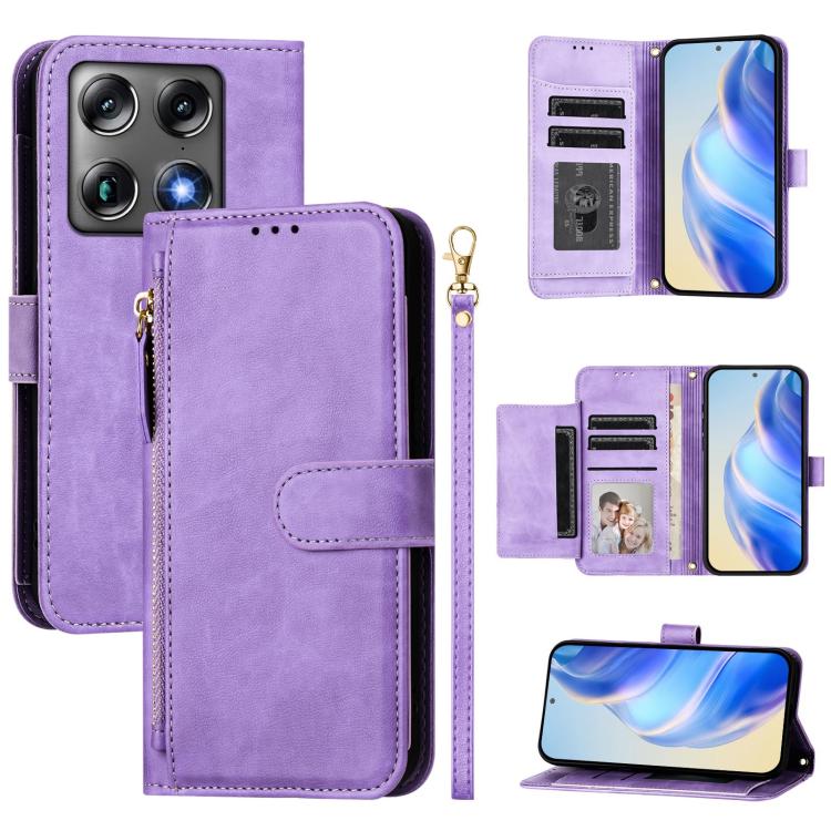 Leather phone wallet case with zipper and multi-card slots, purple—closed cover with card window.