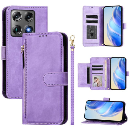 Leather phone wallet case with zipper and multi-card slots, purple—closed cover with card window.
