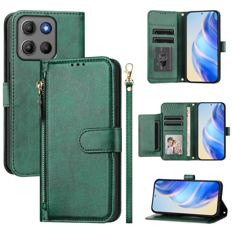 Green leather zipper wallet phone case with card slots and magnetic flap