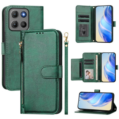 Green leather zipper wallet phone case with card slots and magnetic flap