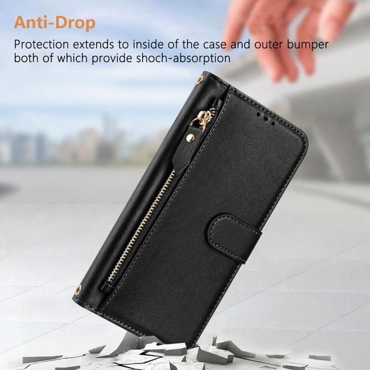 Black leather phone wallet case with zipper closure and snap strap detail