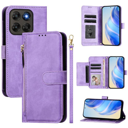 Purple zipper wallet phone case with multi card slots, flip cover, and wrist strap.