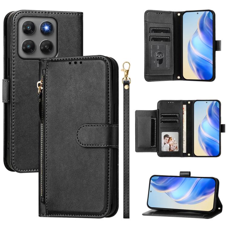 Black zipper wallet phone case with multi card slots, flip cover, and wrist strap.