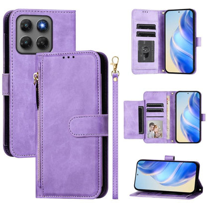 Purple zipper wallet phone case with multi card slots, flip cover, and wrist strap.