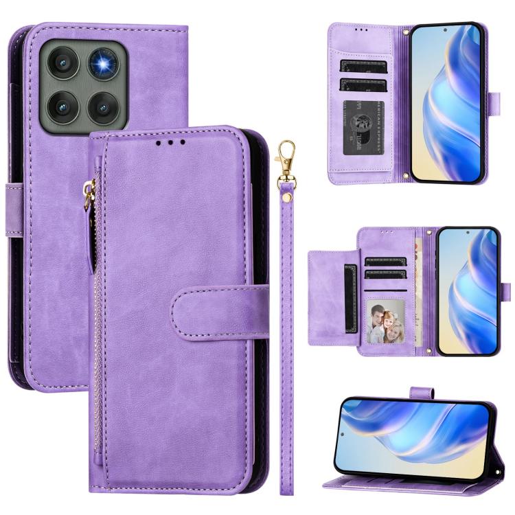 Leather zippered wallet phone case with multi-card slots, purple front flap and zipper.