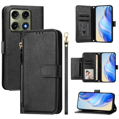 Black zipper wallet phone case with multi card slots, flip cover, and wrist strap.