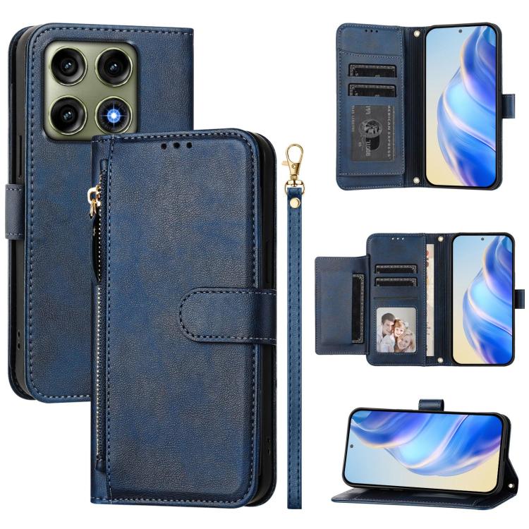 Blue zipper wallet phone case with multi card slots, flip cover, and wrist strap.