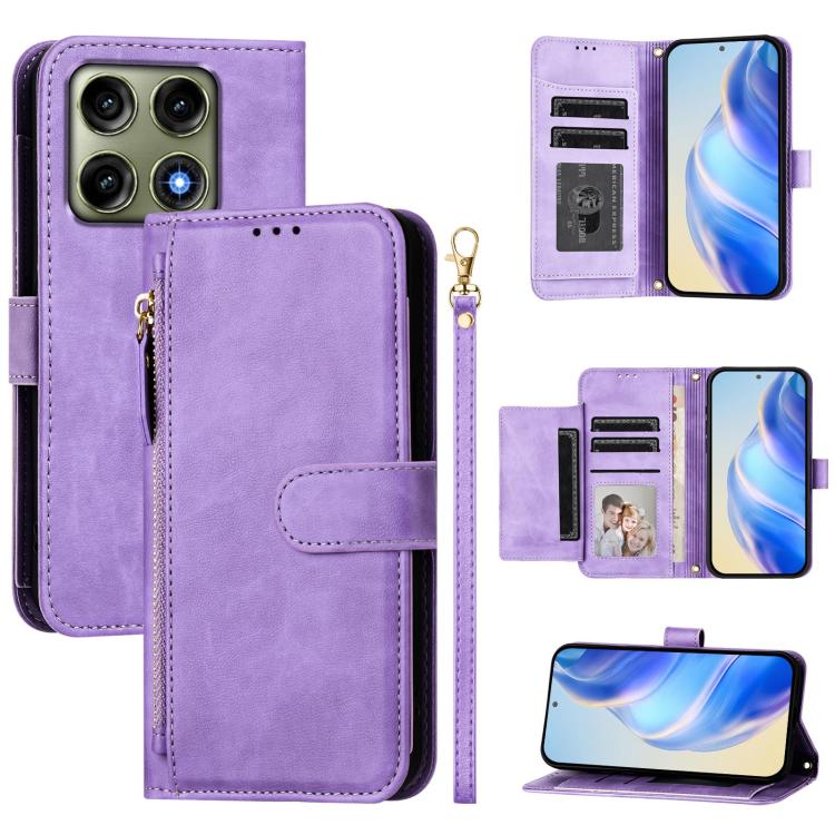 Leather phone wallet case with zipper and multi-card slots, purple—open view shows card area.