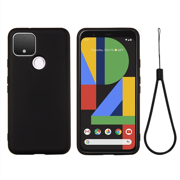 Black full-coverage liquid silicone phone case with camera and button cutouts, with strap