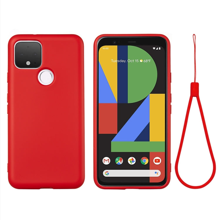 Red full-coverage liquid silicone phone case with camera and button cutouts, with strap