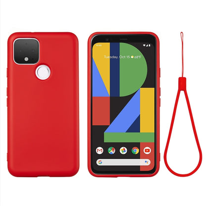 Red full-coverage liquid silicone phone case with camera and button cutouts, with strap