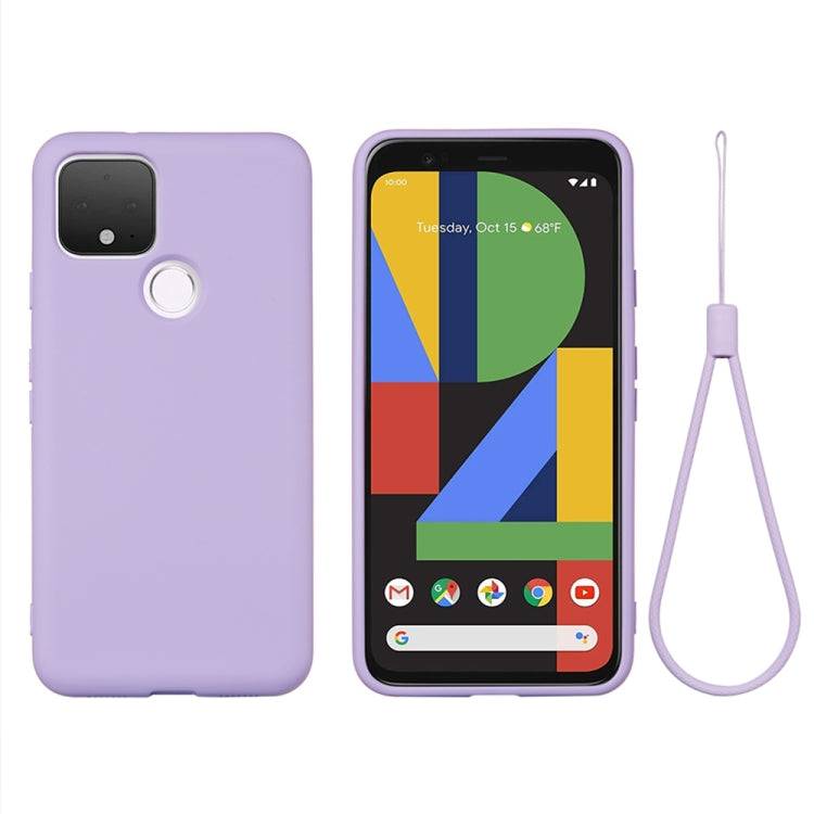Purple full-coverage liquid silicone phone case with camera and button cutouts, with strap