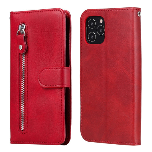 Red leather flip phone case with card holder, front zipper pocket, and magnetic closure