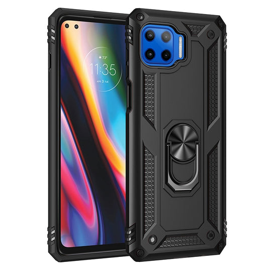 Black shockproof phone case with raised edges and rotating kickstand ring