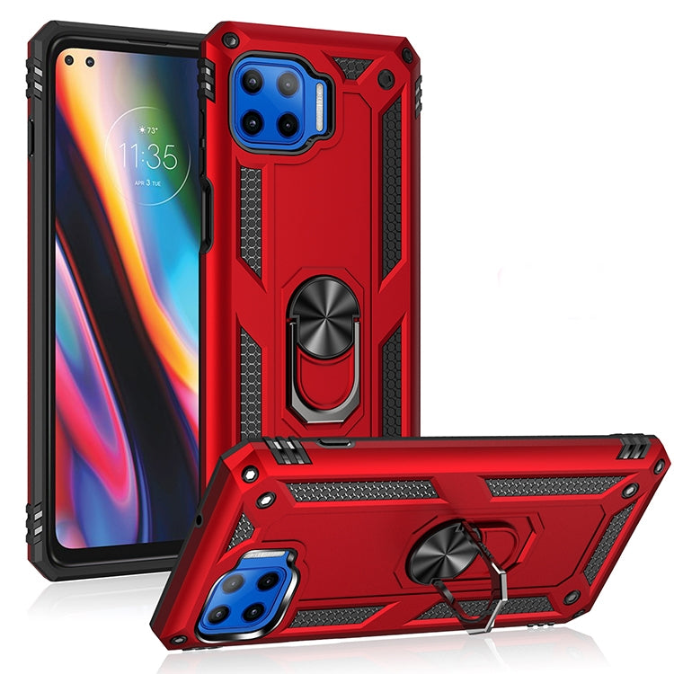 Red shockproof phone case with raised edges and rotating kickstand ring