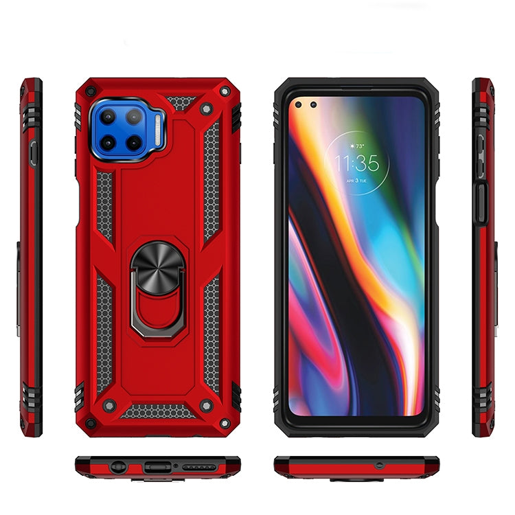 Red and black protective phone cases with rotating kickstand ring; front and back views