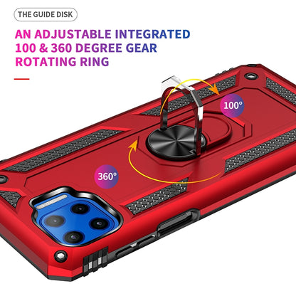 Red phone case with textured grip panels and rotating 360-degree ring