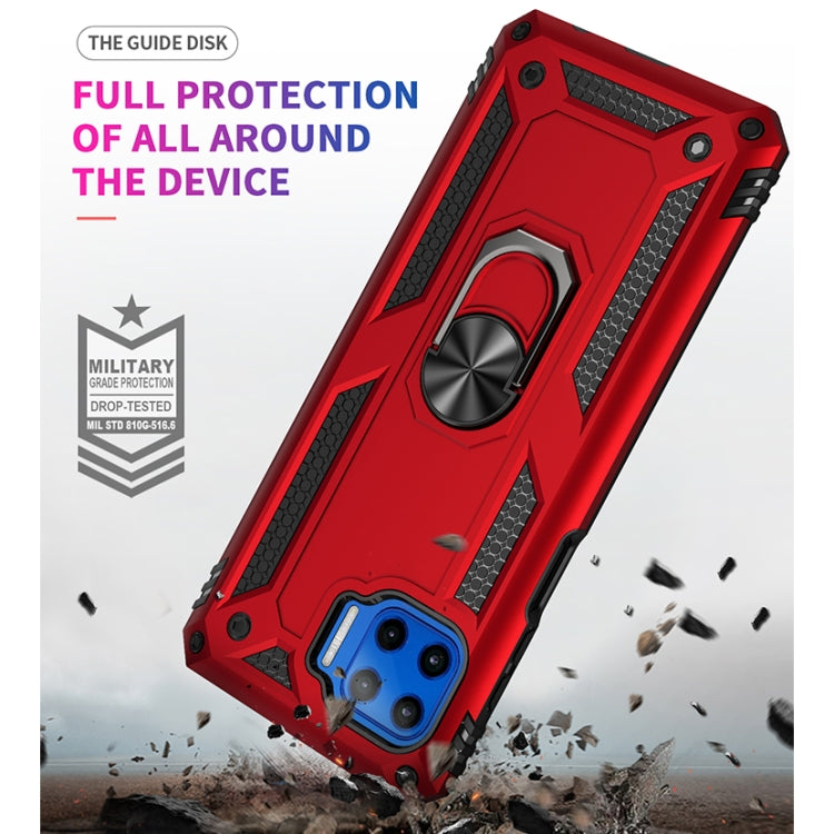 Red rugged phone case with rotating kickstand ring and shock-resistant corners