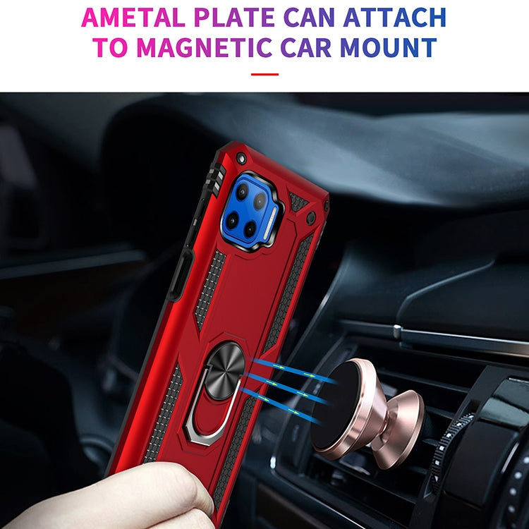Red phone case with rotating kickstand ring attached to magnetic car mount