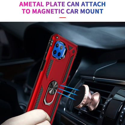 Red phone case with rotating kickstand ring attached to magnetic car mount