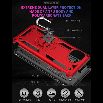 Red rugged phone case with metal ring and kickstand base, shown in product diagram