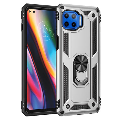 Gray protective phone case with rotating kickstand ring, raised camera cover