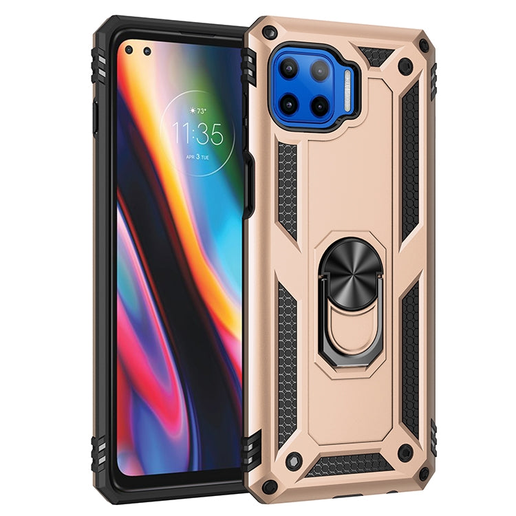 Beige protective phone case with rotating kickstand ring and textured side grips