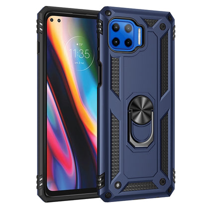 Rugged dark blue phone case with 360 rotating ring holder and camera cutout