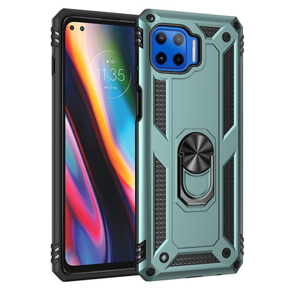 Rugged green phone case with 360 rotating ring holder and camera cutout