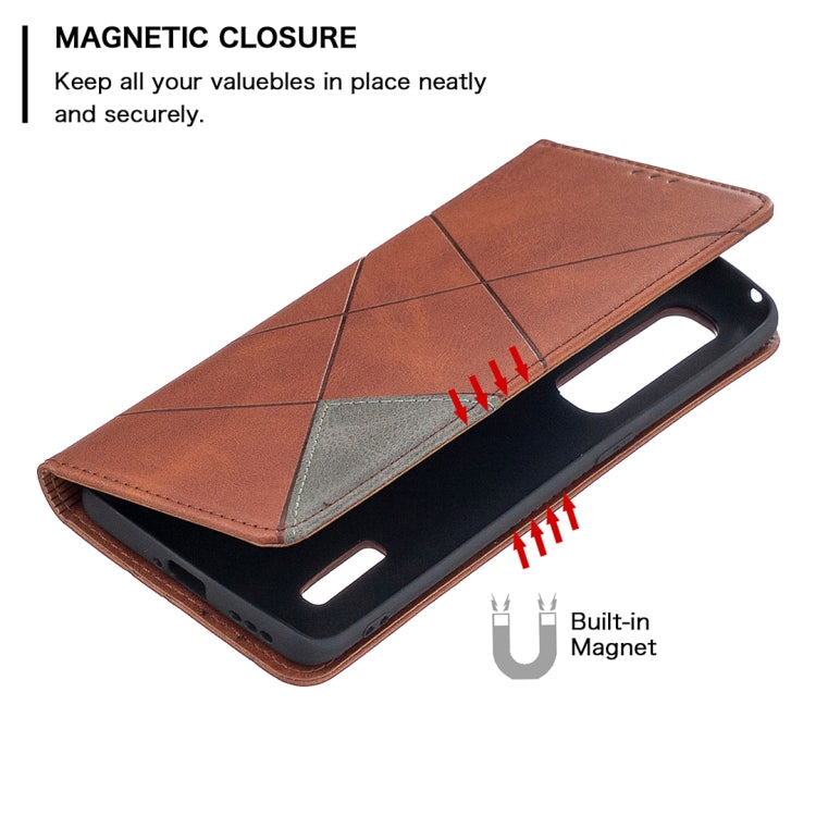 Brown magnetic leather flip case with built-in magnet and cutout for ports