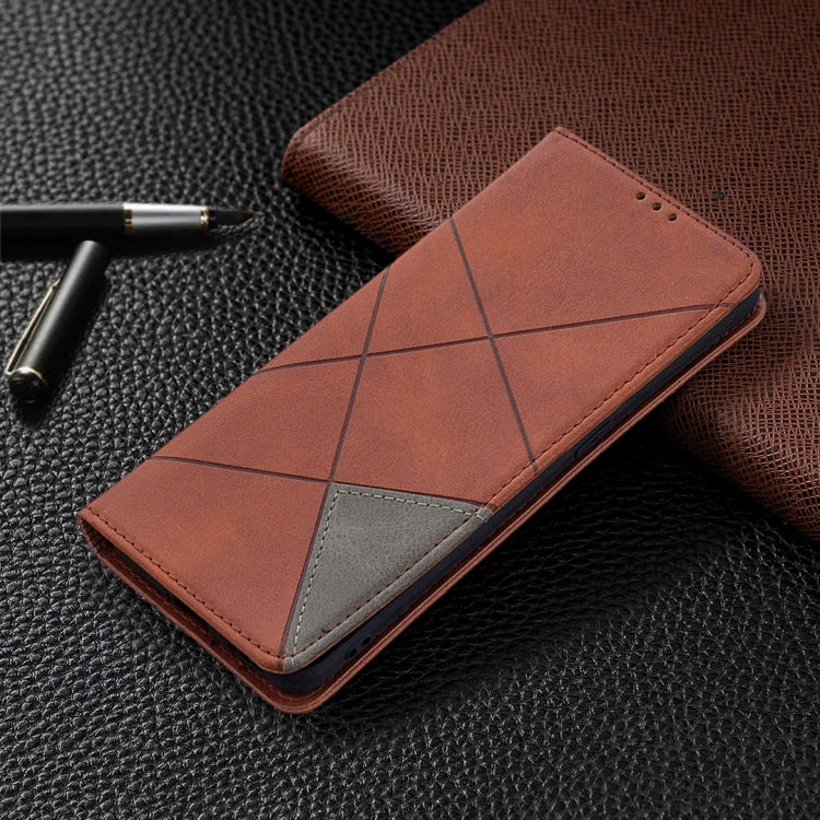 Brown rhombus-texture leather flip case with stitched diagonal cross design
