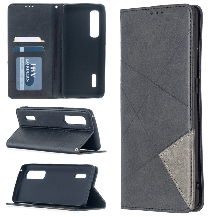 Grey magnetic leather flip case with card slots, diagonal cross pattern, and phone cover