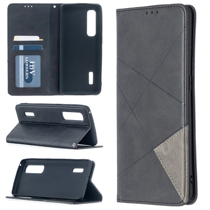 Grey magnetic leather flip case with card slots, diagonal cross pattern, and phone cover