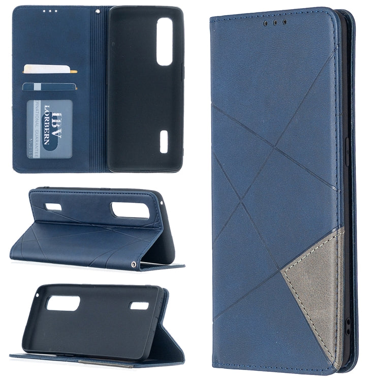 Magnetic leather flip phone case with rhombus texture, card slots, blue finish.