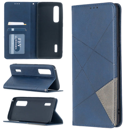 Magnetic leather flip phone case with rhombus texture, card slots, blue finish.