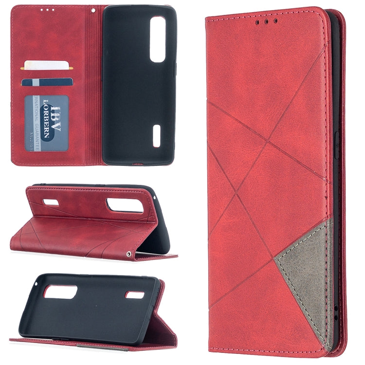 Magnetic leather flip phone case with rhombus texture, card slots, red finish.