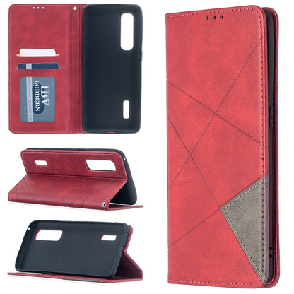 Magnetic leather flip phone case with rhombus texture, card slots, red finish.
