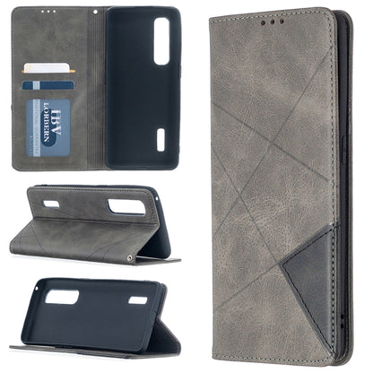 Magnetic leather flip phone case with rhombus texture, card slots, gray finish.