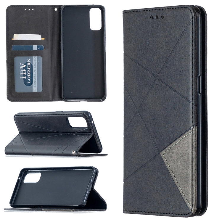 Magnetic leather flip phone case with rhombus texture, card slots, dark finish.