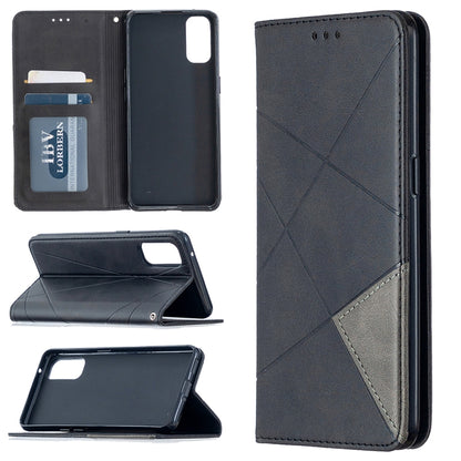 Magnetic leather flip phone case with rhombus texture, card slots, dark finish.