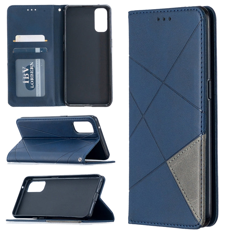 Magnetic leather flip phone case with rhombus texture, card slots, navy blue finish.